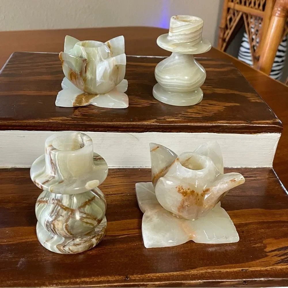 Vintage Set of 4 Elegant Onyx Candle Holders Green Cream Tan